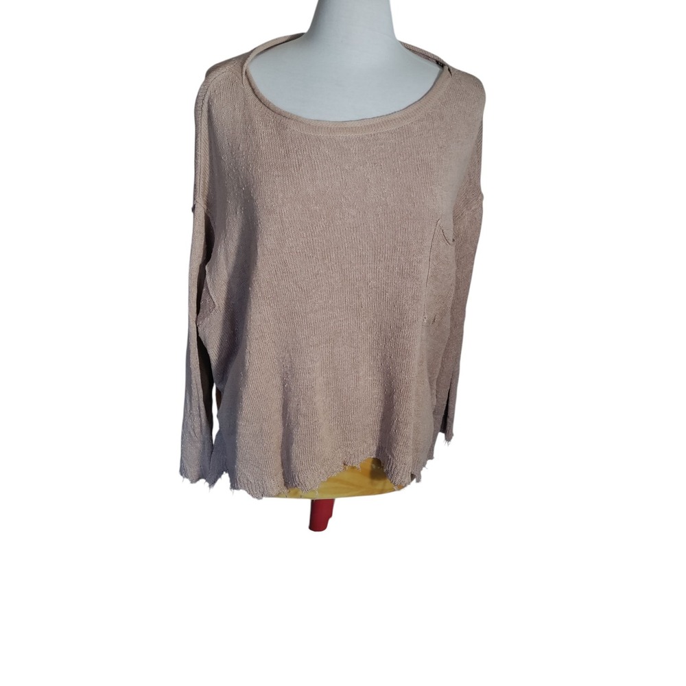 Free People Frayed Fringed Sweater Dark Coral Medium Cotton Linen Blend Oversize
